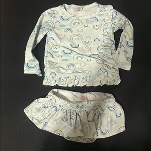 Ruffle Butts Rainbow Rashguard Set - White and Blue